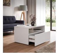 Table basse LINO blanche avec tiroir sur roulettes - table basse moderne pour le salon 80×50 cm avec étagère