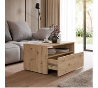 Table basse LINO chêne artisan avec tiroir sur roulettes - table basse moderne pour le salon 80×50 cm avec étagère