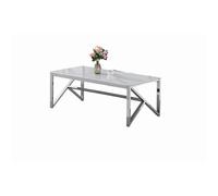 Table Basse MAJESTIQUE Rectangle Plateau Verre Trempé Marbré Blanc Pieds Chrome 120x60x45cm