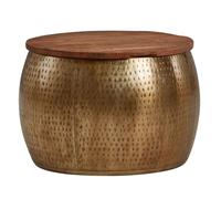 Table basse Mango en bois massif et métal - 60 x 60 x 40 cm - Doré - Ronde - Avec espace de rangement - Table de salon design plateau amovible - Table de salon moderne
