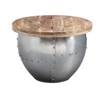 Table basse Mango en bois massif/métal - 60 x 43 x 60 cm - Style industriel rond - Table de salon design avec espace de rangement - Table de salon moderne - Argenté