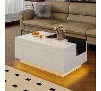 Table basse Merax haute brillance avec éclairage LED, table basse extensible avec tiroir, application Bluetooth, bandeau lumineux 16 couleurs, table basse moderne blanche