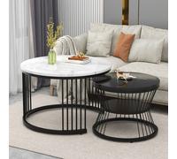 Table basse Merax Table basse ronde, Lot de 2 tables basses effet marbre avec étagères et cadre métallique, tables d'appoint 70x45.5cm+45x39cm, blanc/noir
