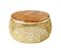 Table basse METRIX ronde 72 cm dorée avec plateau en bois d'acacia - Table basse design en aluminium et bois massif