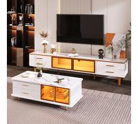 Table basse, meuble TV, meuble de salon modulaire, porte en verre trempé, cadre en alliage d'aluminium, tiroirs à structure ondulée, poignées et pieds dorés, plateau à structure en marbre.
