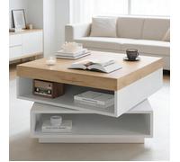 Table basse - MINIMAL - MINIMAL HOME - Carrée 65x65x40 cm - Plateau pivotant 360° - LED blanc & chêne