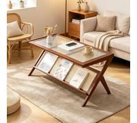 Table Basse Minimaliste Luxe, plateau verre cannelé et solide base bambou | Table basse surface verre cannelé élégante, cadre bambou épaissi résistant, design bords arrondis(Brown)