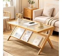 Table Basse Minimaliste Luxe, plateau verre cannelé et solide base bambou | Table basse surface verre cannelé élégante, cadre bambou épaissi résistant, design bords arrondis(Natural)