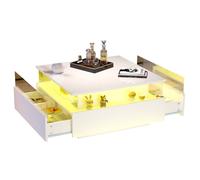 Table Basse Moderne avec LED et 2 Tiroirs, Vitrine Transparente, Panneau Laqué Brillant - 70×70×41 cm, Blanc