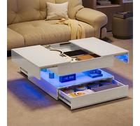 Table basse moderne brillante avec 2 tiroirs et LED, 78 x 78 x 43 cm, table basse cachée, pour salon, bureau, réception, deux méthodes d'installation (blanc, 78 x 78 x 43 cm)