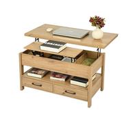 Table Basse Moderne de Salon avec Plateau Relevable et Extensible, Tables Basse Pliante Bois Foncé avec Multiprise 2 Tiroirs et 3 Compartiments Convertible en Table à Manger/100x50x50CM-A/Faux Chêne