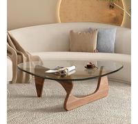 Table basse moderne en verre avec design triangulaire et pieds en noyer massif 127 x 91 x 40 cm