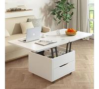 Table basse moderne extensible avec plateau relevable multifonctionnel pivotant à 360° et roues en acier et design peu encombrant pour le salon