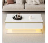 Table basse moderne LED Blanc & Or 100x50x40cm bordure dorée - 3 tiroirs - Bandes lumineuses USB - Éclairage brillant pour salon