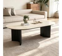 Table Basse Moderne Luxueuse 100% Bois Massif Artisanal Sans Placage | Table basse finition pierre imitation élégante, base bois massif solide(Black,47.2x23.6in)