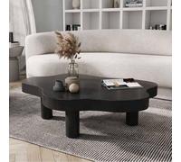 Table basse moderne noire en bois massif irrégulier avec angle rond, construction robuste à 3 pieds, 80 x 55 x 40 cm, idéale pour les meubles de salon