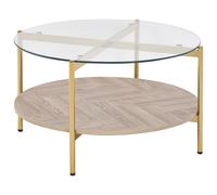 Table Basse Moderne Plateau Rond en Verre Trempé et Étagère Bois Clair et Cadre