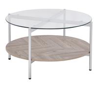 Table Basse Moderne Plateau Rond en Verre Trempé et Étagère Bois Clair et Cadre