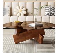 Table Basse Moderne Ronde en Verre Trempé et Bois,Table de Salon Style Nordique avec Structure Croisée Originale,Table Centrale Basse Élégante pour Canapé Salon Chambre C,L