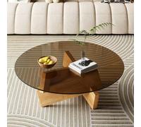 Table Basse Moderne Ronde en Verre Trempé et Bois,Table de Salon Style Nordique avec Structure Croisée Originale,Table Centrale Basse Élégante pour Canapé Salon Chambre D,M