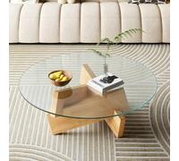 Table Basse Moderne Ronde en Verre Trempé et Bois,Table de Salon Style Nordique avec Structure Croisée Originale,Table Centrale Basse Élégante pour Canapé Salon Chambre F,S