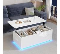 Table basse moderne, table basse relevable, table d'appoint réglable en hauteur avec lumière LED, équipée d'un espace de rangement caché - Table d'appoint hydraulique adaptée pour le salon (Blanc-E)