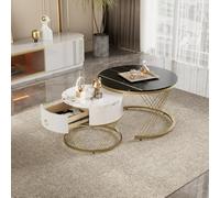 Table Basse modulable élégante : Aspect marbre, décor doré, Table d'appoint avec tiroirs - Lot de 2 (Black + MDF)