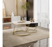 Table Basse modulable élégante : Aspect marbre, décor doré, Table d'appoint avec tiroirs - Lot de 2 (White + MDF)