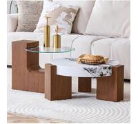Table Basse Modulable Ronde Lot de 2, Plateau en Verre Sécurit et MDF, Effet Noyer et Marbre - MODENVIE - Salon
