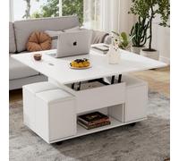 Table Basse multifonctionnelle relevable - Le Bureau Peut Ouvrir 2 Tables, Blanc + Blanc, Grande capacité, mobilier de Salon Moderne, Bureau, Table à Manger, Loisirs