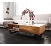 Table-basse New Live-Edge 115x60 cm acacia naturel 2 tiroirs 1 compartiment patin métal noir