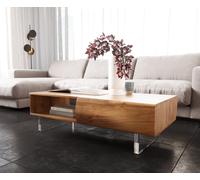 Table-basse New Live-Edge 115x60 cm acacia naturel 2 tiroirs 1 compartiment pied acrylique