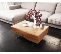 Table basse New Live-Edge 115x60 cm acacia naturel 2 tiroirs 1 compartiment pieds en verre