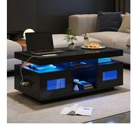 Table basse noir brillante 100x50x43 table de salon avec éclairage LED, port de charger et prise,avec armoire