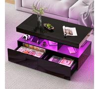 Table basse noire brillante avec éclairage LED, table basse moderne avec étagère d'exposition ouverte et 2 tiroirs, tables basses, tables d'appoint pour salon
