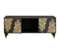 Table basse noire en bois massif mangue 100 x 54 x 40 cm avec 3 compartiments de rangement poignées en laiton portes à charnière durable table de salon moderne pour l'intérieur meuble élégant avec