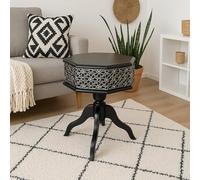 Table basse octogonale marocaine en bois noir sculpté avec incrustations arabesques en métal argenté - Style ethnique oriental - Meubles salon ou chambre - 45 x 45 cm Hauteur 54 cm - Design artisanal