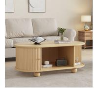 Table basse ovale 100×50×40 cm - REDOM - avec rangement modulable et portes coulissantes - en MDF, couleur bois
