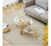 Table basse ovale 104,9x60 cm avec plateau en verre de sécurité et étagère, structure MDF bois clair