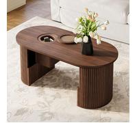 Table Basse Ovale 105cm Noyer - AMBIANCE - Table de Salon Rétro avec Texture Rainurée et Rangement Ouvert pour Petit Espace