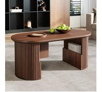 Table Basse Ovale 105cm Noyer Foncé - Table de Salon Vintage avec Design Rainuré et Rangement Ouvert pour Petit Espace Chic