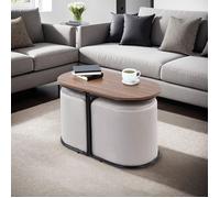 Table basse ovale 78x39x45 cm noir et naturel + 2 poufs en velours gris