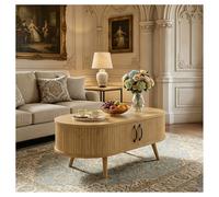 Table basse ovale avec armoire de rangement, table basse ovale de rangement cachée avec armoire avant cannelée, centre en bois du milieu du siècle, salon fermé pour petits et grands espaces de vie