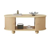 Table basse ovale avec porte coulissante en bois naturel, pieds boules, 100 x 50 x 40 cm