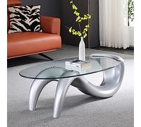 Table basse ovale contemporaine en verre, design abstrait avec plateau en verre transparent, accent moderne du milieu du siècle pour le salon