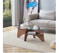 Table basse ovale en verre - 104,9x60 cm - Verre de sécurité - Cadre couleur noyer - Étagère intégrée