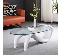 Table Basse Ovale en Verre, Style Moderne du Milieu du siècle, pour Salon, Table d'appoint contemporaine à Plateau Transparent Abstrait (90 x 55 x 40 cm, Blanc)