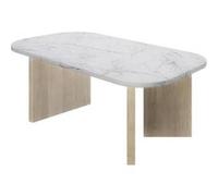 Gautier Cognac Table basse ovale QUARTZ - Blanc effet marbre, pieds épais en chêne - DIAGONE