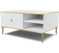 Table basse PETRA 90x60 cm BLANC MATTE avec pieds métalliques dorés Table basse de salon, style moderne, avec espace de rangement caché, avec tiroir, étagères