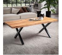 Table basse pieds croix 120x60x46 cm en acacia naturel et métal noir